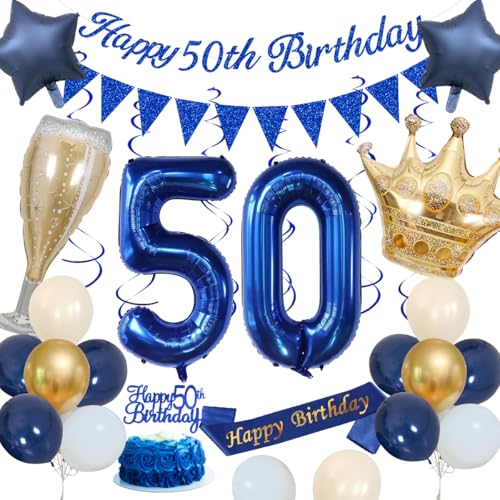 50 Geburtstagsdeko, Blau 50 Geburtstag Deko Männer Marineblau Gold Sand Weiß Luftballons Happy 50th Birthday Banner Nummer 50 Luftballons Krone Stern Luftballons Happy Birthday Schärpe Kuchenaufsatz von KISPATTI