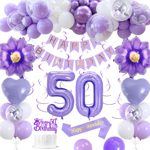 50 Geburtstagsdeko, Lila 50 Geburtstag Deko Frauen Macaron Lila Weiß Luftballons HAPPY BIRTHDAY Banner Nummer 50 Luftballons Herz Luftballons Happy 50th Birthday Kuchenaufsatz von KISPATTI