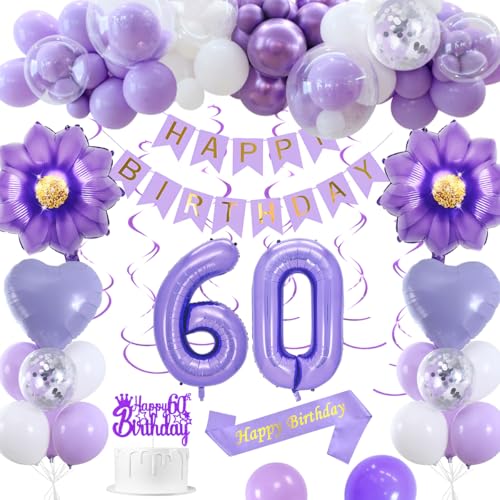 60 Geburtstagsdeko, Lila 60 Geburtstag Deko Frauen Macaron Lila Weiß Luftballons HAPPY BIRTHDAY Banner Nummer 60 Luftballons Herz Luftballons Happy 60th Birthday Kuchenaufsatz von KISPATTI