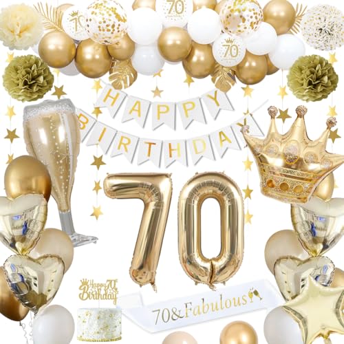 70 Geburtstagsdeko, gold 70 Geburtstag deko für Männer Frauen gold weiße Luftballons HAPPY BIRTHDAY Banner Nummer 70 Luftballons Krone Stern Herz Luftballons HAPPY 70th BIRTHDAY Kuchenaufsatz von KISPATTI