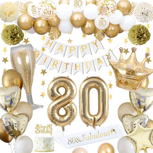 80 Geburtstagsdeko, gold 80 Geburtstag deko für Männer Frauen gold weiße Luftballons HAPPY BIRTHDAY Banner Nummer 80 Luftballons Krone Stern Herz Luftballons HAPPY 80th BIRTHDAY Kuchenaufsatz von KISPATTI