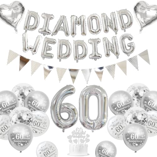 Diamantene Hochzeit Deko, 60 Hochzeitstag Dekorationen 60 Diamant Hochzeit Luftballons Happy 60th Anniversary Luftballons Metallische Silber Weiße Luftballons Banner 60 Diamond Wedding Tortenaufsatz von KISPATTI