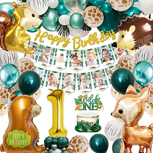 Geburtstagsdeko 1 Jahr Grün, 1. Geburtstag Junge Mädchen Deko 1 jahr Geburtstag Luftballons Kindergeburtstag Deko Safari Happy Birthday Banner mit Fotobanner Dschungel Luftballons Wild One Deko von KISPATTI