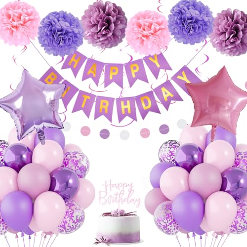 Rosa Lila Geburtstagsdeko für Frauen und Mädchen, Rosa Lila Luftballons mit Happy Birthday Banner Pompons, Rosa Lila Geburtstags party Dekorationen für Babyparty Hochzeit von KISPATTI