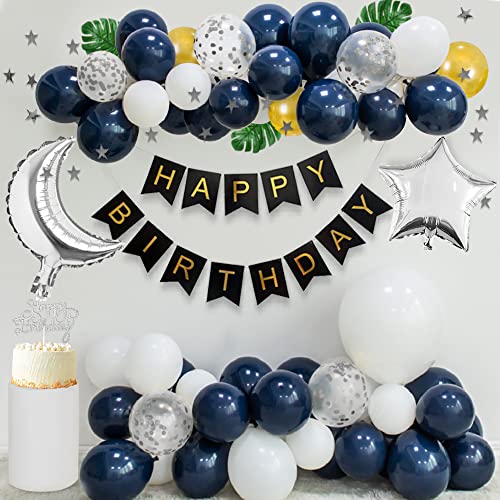 Geburtstagsdeko Mann, Marineblaue Luftballons HAPPY BIRTHDAY Banner Weiße Luftballons Silberne Konfetti ballons Silbernes Stern Bunting Banner Metallische Goldballons Mond Stern Luftballons von KISPATTI