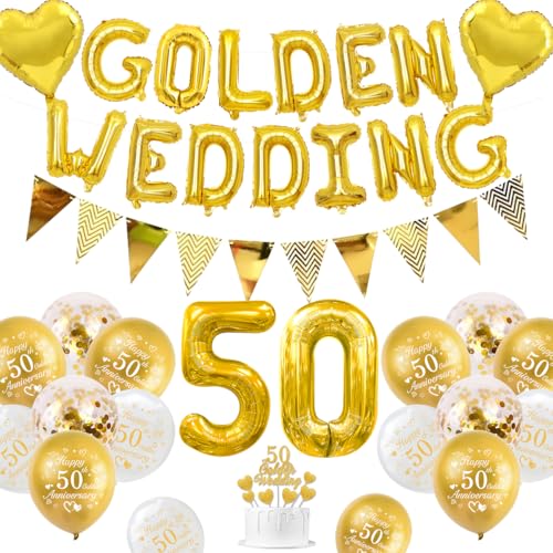 Goldene Hochzeit Deko, 50 Hochzeitstag Dekorationen 50 Goldene Hochzeit Luftballons Happy 50th Anniversary Luftballons Metallische Gold Weiße Luftballons Banner 50 Golden Wedding Tortenaufsatz von KISPATTI