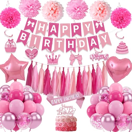 Hellrosa Geburtstagsdeko Rosa, Deko Geburtstag Mädchen Frau, Rosa Luftballons Geburtstag Dekoration Geburtstag Banner Folienballon Pompons Geburtstag Party Dekoration für Frauen Baby von KISPATTI