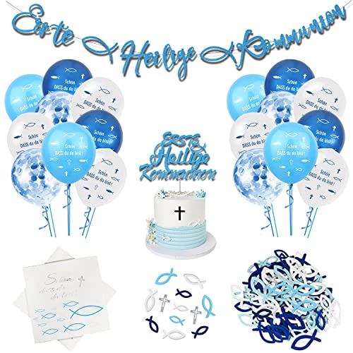 Kommunion Deko Junge, Konfirmation Deko Junge, Taufe Junge Deko 20 Stück Servietten 1 Kommunion Girlande 20 Luftballons Blau 72 Holz Fische Kreuz Deko 1 Cake Topper Erstkommunion Deko von KISPATTI