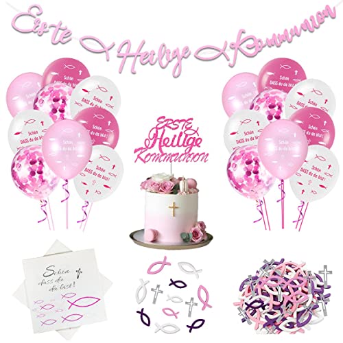 Kommunion Deko Mädchen, Konfirmation Deko Mädchen Taufe Mädchen Deko 20 Stück Servietten 1 Kommunion Girlande 20 Luftballons Rose 72 Holz Fische Kreuz Deko 1 Cake Topper Erstkommunion Deko von KISPATTI