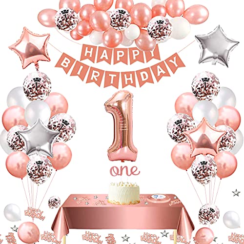 1. Geburtstag Dekorationen Mädchen, 1. Geburtstag Luftballons, Rose Gold Ballons Happy Birthday Banner Konfetti Latex Ballons Folienbanner Ballons für Baby 1. Geburtstag Party Dekorationen Supplies von KISPATTI