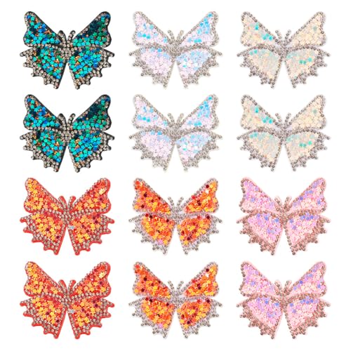 12 x Strass-Schmetterling-Flicken zum Aufbügeln, Kristall, Schmetterling, bestickt, zum Aufnähen von fliegenden Insekten, zum Aufnähen von Kleidung, Hut, Jeans, Dekoration, Handwerk von KISSITTY