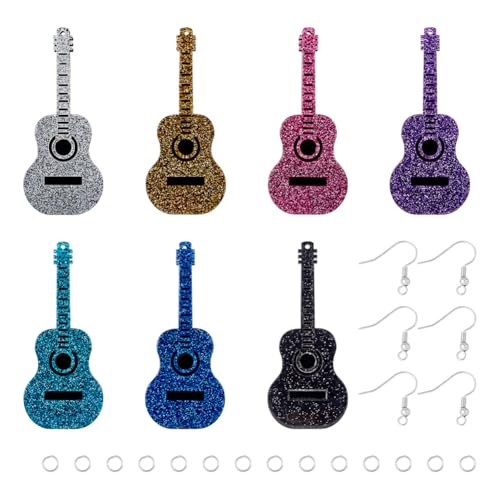 KISSITTY Gitarrenohrring-Set, 14 Stück Acryl-Gitarrenanhänger mit Glitzerpulver mit 16 Messing-Ohrringhaken, 16 Eisen-Binderinge für DIY-Ohrringherstellung von KISSITTY