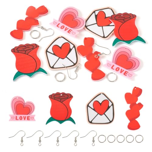 KISSITTY Valentinstags-Ohrring-Bastelset, 8 Herz-Umschläge, Rosen-Acryl-Charms mit 10 Ohrringhaken, 10 Biegeringe für baumelnde Ohrringe von KISSITTY