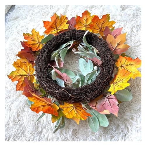 KITCISSL Türkranz Herbst Halloween Deko Outdoor, Türkranz Herbst Haustür Herbst Weiße Kürbis Ahornblatt Girlande Adventskranz Herbst Kunstkranz für Haustür, Party Dekoration(15.7inch) von KITCISSL