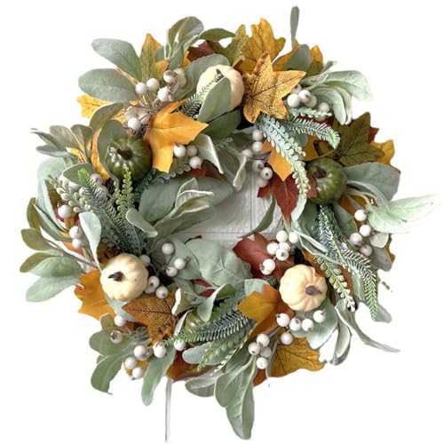 KITCISSL Türkranz Herbst Haustür Herbst Weiße Kürbis Ahornblatt Girlande Adventskranz Herbst Kunstkranz, Türkranz Herbst Halloween Deko Outdoor für Haustür, Party Dekoration(45cm) von KITCISSL