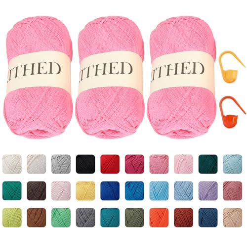 Baumwoll-Kettengarn, 284 g, 3er-Pack, Strickgarn für Anfänger, dickeres Garn zum Häkeln und Stricken (07 Pink) von KITHED