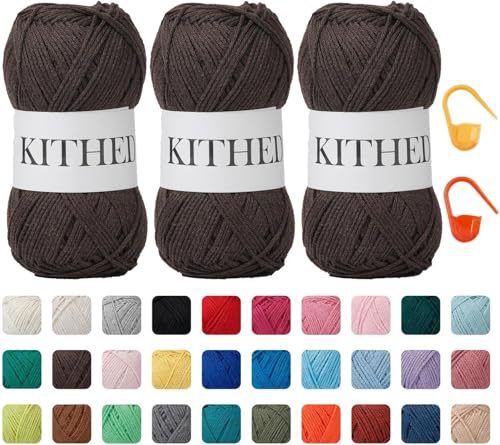 Baumwoll-Kettengarn, 284 g, 3er-Pack, Strickgarn für Anfänger, dickeres Garn zum Häkeln und Stricken (15 dunkles Kaffee) von KITHED