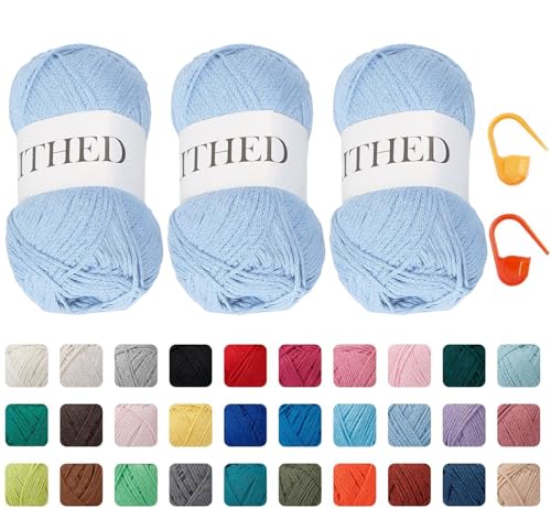 Baumwoll-Kettengarn, 284 g, 3er-Pack, Strickgarn für Anfänger, dickeres Garn zum Häkeln und Stricken (28 Hellblau) von KITHED