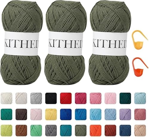 KITHED Baumwollgarn, 297 g, 3er-Pack, weiches Garn zum Häkeln und Stricken, bunt (02 Armeegrün) von KITHED