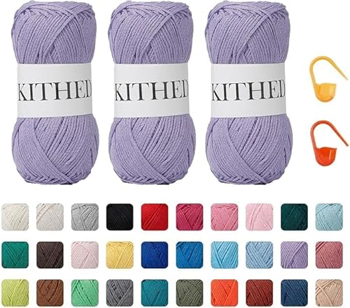 KITHED Baumwollgarn, 297 g, 3er-Pack, weiches Garn zum Häkeln und Stricken, bunt (03 Lavendel) von KITHED