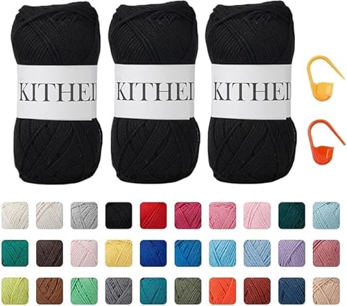 KITHED Baumwollgarn, 297 g, 3er-Pack, weiches Garn zum Häkeln und Stricken, bunt (04 Schwarz) von KITHED