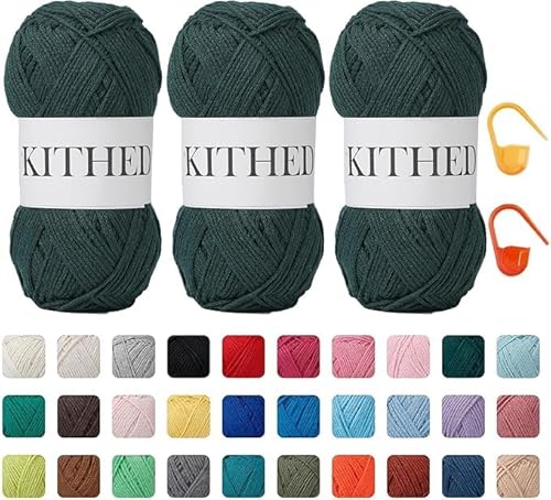 KITHED Baumwollgarn, 297 g, 3er-Pack, weiches Garn zum Häkeln und Stricken, bunt (06 Dunkelgrün) von KITHED