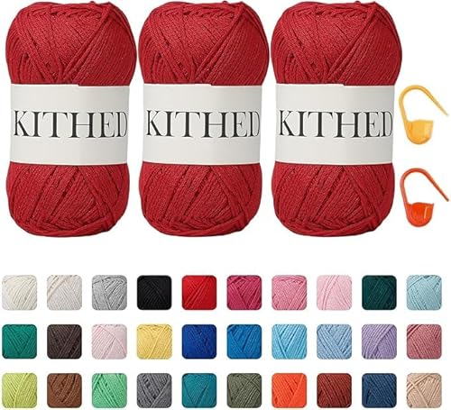 KITHED Baumwollgarn, 297 g, 3er-Pack, weiches Garn zum Häkeln und Stricken, bunt (09 Dunkelrot) von KITHED