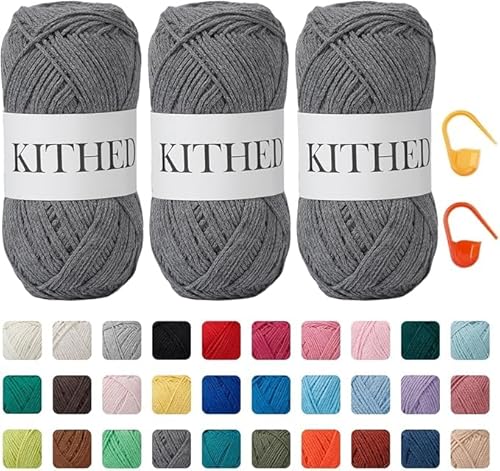 KITHED Baumwollgarn, 297 g, 3er-Pack, weiches Garn zum Häkeln und Stricken, bunt (10 dunkelgrau) von KITHED