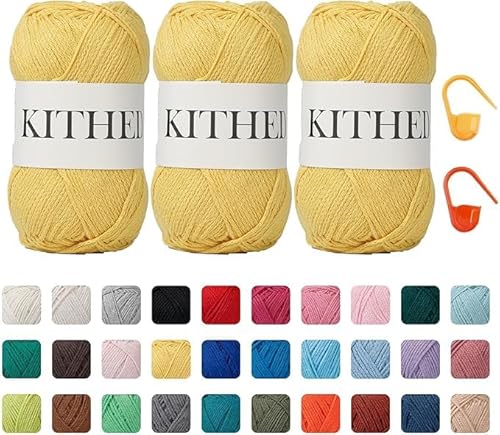 KITHED Baumwollgarn, 297 g, 3er-Pack, weiches Garn zum Häkeln und Stricken, bunt (11 helles Zitronengelb) von KITHED