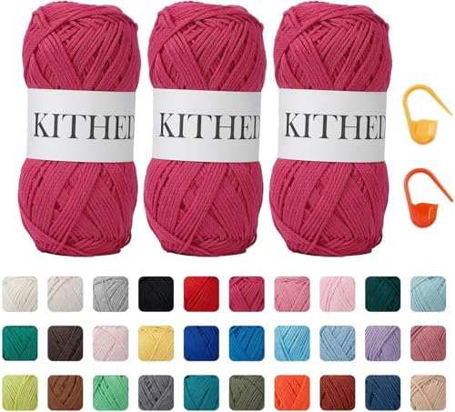 KITHED Baumwollgarn, 297 g, 3er-Pack, weiches Garn zum Häkeln und Stricken, bunt (12 Burgunderrot) von KITHED