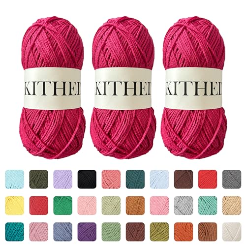 KITHED Baumwollgarn, 297 g, 3er-Pack, weiches Garn zum Häkeln und Stricken, bunt (17 Rosenrot) von KITHED