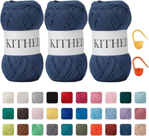 KITHED Baumwollgarn, 297 g, 3er-Pack, weiches Garn zum Häkeln und Stricken, bunt (24 Denimblau) von KITHED