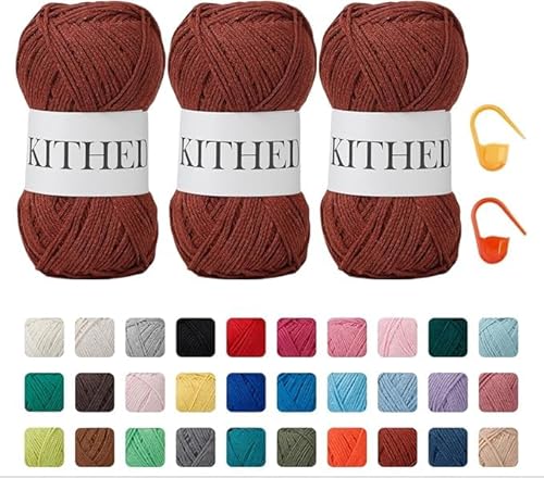 KITHED Baumwollgarn, 297 g, 3er-Pack, weiches Garn zum Häkeln und Stricken, bunt (27 Rotbraun) von KITHED