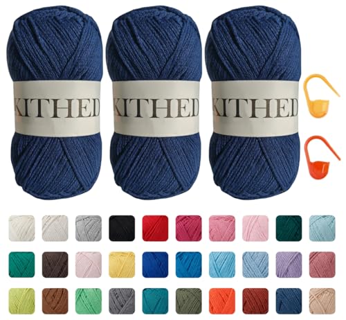 KITHED Baumwollgarn, 300 g, 500 m, 3 Stück, weiches Garn zum Häkeln und Stricken (30 Marineblau) von KITHED