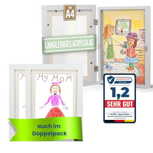 KIYARI Bilderrahmen Kinderzeichnungen A4, 2 Set Weiß Aufklappbar & Frontöffnung, für bis zu 150 Zeichnungen, Robustes Holz & bruchsicheres Glas, Ideal für Kunstprojekte, Kinderzimmer & Schule von KIYARI