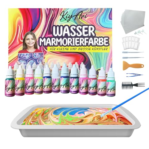 Wasser Marmorierfarbe für Kinder – 12 Farben Bastelset, Wasser Malset und Marbling Paint Kit, kreatives Geschenk für Mädchen und Jungen ab 6 Jahren, ideal für 6-12 Jahre von KIYARI