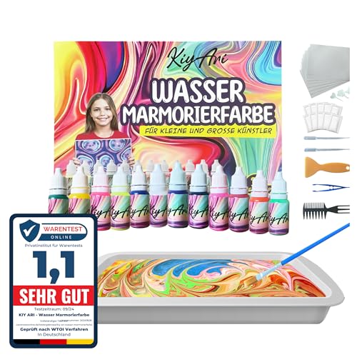 Wasser Marmorierfarbe für Kinder – 12 Farben Bastelset, Wasser Malset und Marbling Paint Kit, kreatives Geschenk für Mädchen und Jungen ab 6 Jahren, ideal für 6-12 Jahre von KIYARI