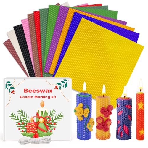 KIYTARBOO Bienenwachs-Kerzenherstellungs Set, 12 Farben Bienenwachskerzen 20 * 20 cm mit 6m Baumwolldocht, DIY-Kerzen Bienenwachskerzen Geschenkset Selber Machen für Kinder und Erwachsene von KIYTARBOO