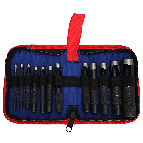 Leder-Lochschneider, 15-teiliges Leder-Lochstanzwerkzeug-Set, ergonomische Handwerkzeuge aus Stahl für DIY-Lederhandwerk, Uhrenarmbänder und Gürtel für den professionellen und (12 pieces (3-19mm)) von KJAOYU