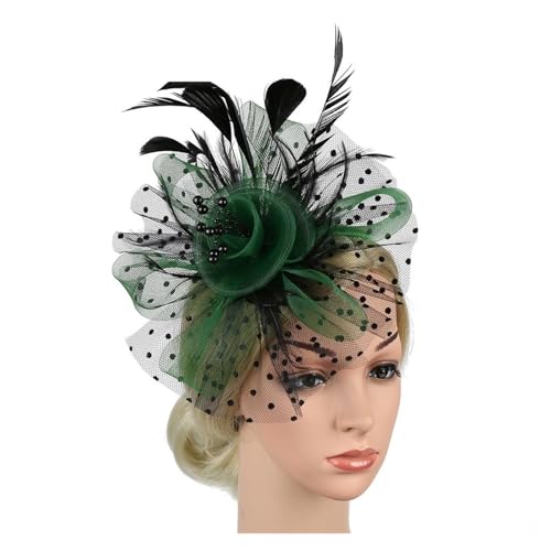 KJBDQQH Fascinator Damen Fascinator-Hut for Frauen, Teeparty, Stirnband, Hochzeit, Cocktail, Netzstoff, Blumen, Federn, Haarspange(Black Green) von KJBDQQH