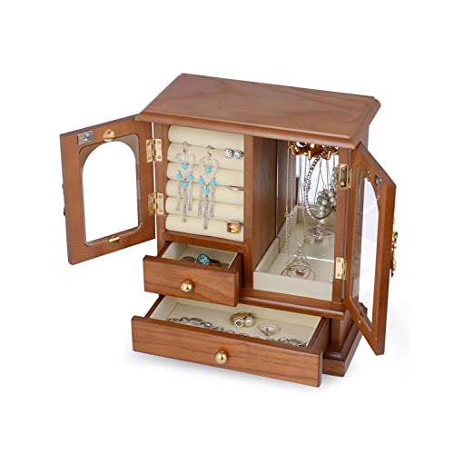 KJFLSE Retro-Schmuckschatulle für Damen, Schreibtisch-Schmuck-Organizer-Box mit Spiegel, verwendet für Ohrringe, Ringe, Halsketten, Armbänder, Uhren (B) von KJFLSE