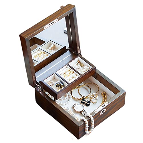 KJFLSE Schmuckschatulle aus Holz, doppelter Schmuckhalter, mit Schloss, Schmuck-Organizer für Halsketten, Ohrringe, Ringe und Armbänder, perfekt für Damen und Herren von KJFLSE