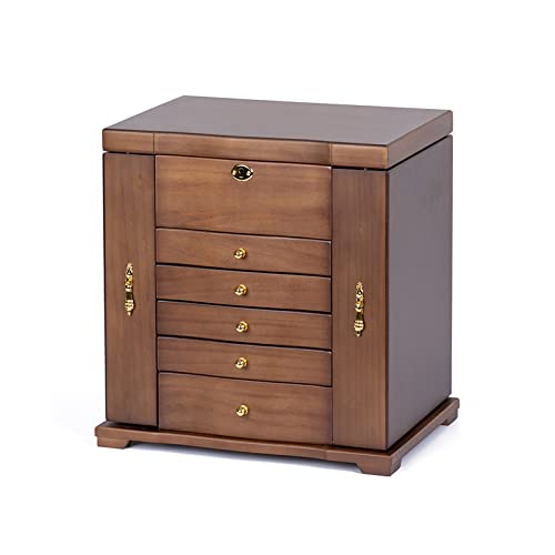 KJFLSE Schmuckschatulle aus Holz für Damen, Schmuck-Organizer-Box aus echtem Holz, Schmuckkästchen zur Aufbewahrung von Ohrringen, Ringen, Halsketten, Armbändern, Dunkelbraun von KJFLSE