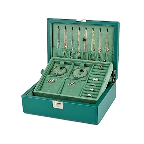 KJFLSE Schmuckschatulle für Damen, Mädchen, Freundin, Ehefrau, PU-Leder, Schmuck-Organizer, Aufbewahrungsbox mit zwei Schichten, für Ohrringe, Armbänder, Ringe (grün) von KJFLSE