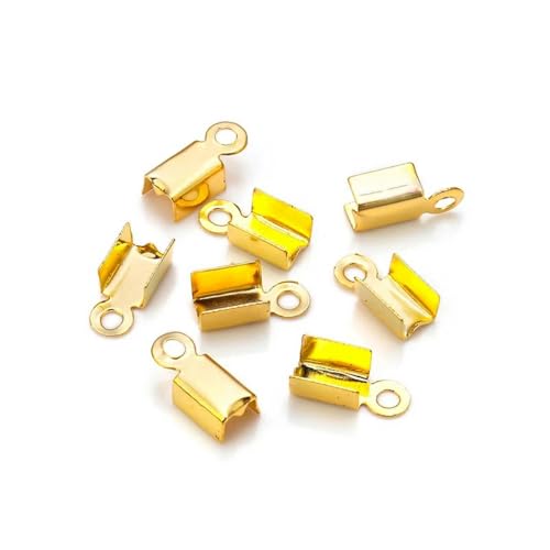 200 Stück Quetschperlen, Cove-Verschlüsse, Kordel-Endkappen, Band, Lederclip, Foldover für die Schmuckherstellung, DIY-Halskettenverbinder, Gold, 2,5 x 6 mm von KJJMN