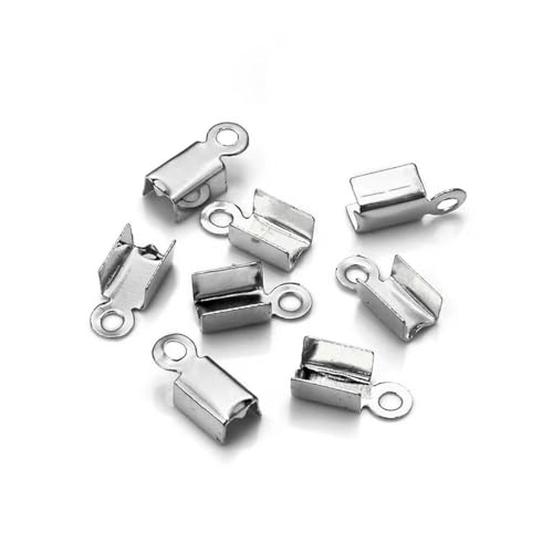 200 Stück Quetschperlen, Cove-Verschlüsse, Kordel-Endkappen, Band, Lederclip, Foldover für die Schmuckherstellung, DIY-Halskettenverbinder, Rhodium, 2,5 x 6 mm von KJJMN