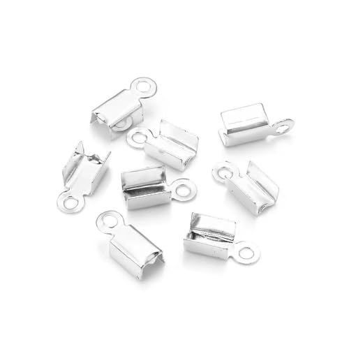 200 Stück Quetschperlen, Cove-Verschlüsse, Kordel-Endkappen, Band, Lederclip, Foldover für die Schmuckherstellung, DIY-Halskettenverbinder, Silber, 2,5 x 6 mm von KJJMN