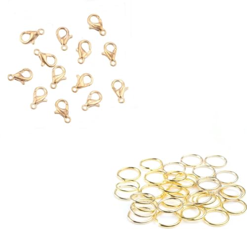 50-teiliger Karabinerverschluss + 200-teiliges offenes Sprungset für die Schmuckherstellung, DIY-Armband, Halskette, Verbindungssets, Zubehör, Goldset, 10 mm Verschluss 4 mm_a von KJJMN