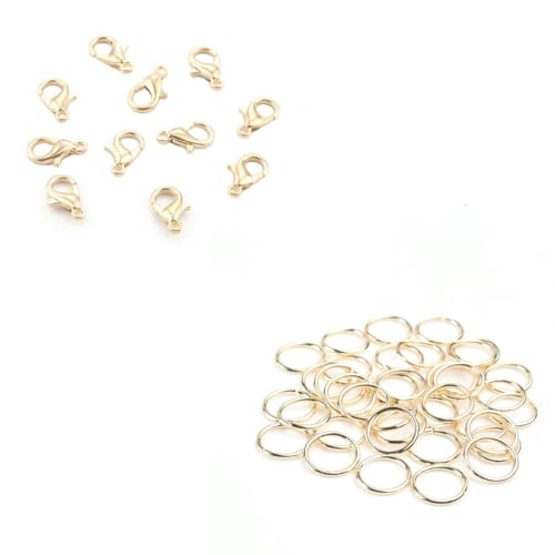 50-teiliger Karabinerverschluss + 200-teiliges offenes Sprungset zur Schmuckherstellung, DIY-Armband, Halsketten-Verbindungssets, Zubehör, Goldset, 10 mm, Verschluss 4 mm von KJJMN