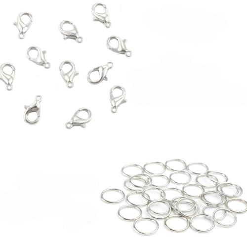 50-teiliger Karabinerverschluss + 200-teiliges offenes Sprungset zur Schmuckherstellung, DIY-Armband-Halsketten-Verbindungssets, Zubehör, Rhodium-Set, 12 mm, Verschluss 8 mm von KJJMN